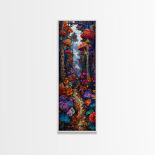 Carregar imagem no visualizador da galeria, Fantasy Forest Pathway with Giant Mushrooms as Tall Skinny Art Framed Canvas Print for Whimsical Wall Decor in Unique Spaces
