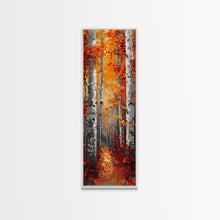 Carregar imagem no visualizador da galeria, Fall Birch Tree Forest, Framed Canvas Print, Skinny / Tall Wall Art, Living Room Decor, Landscape Painting, Nature Decor
