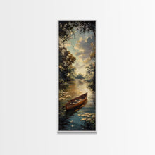 Carregar imagem no visualizador da galeria, Antique Canoe Framed Canvas Print, lake House Decor, Lake Life Wall Art, Tall Wall Art For Small Spaces

