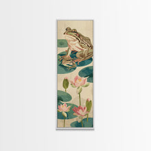 Load image into Gallery viewer, Frogs On Lily Pads Canvas In Japanese Ukiyo-e Style, Traditional Woodblock Print, Framed Canvas Print, Tall Skinny Japanese Wall Art, Ready To Hang
