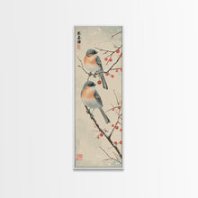 Load image into Gallery viewer, Pair of Birds on Snowy Branches, Japanese Art Framed Canvas Print, Tall and Skinny Wall Art in Ukiyo-e Style
