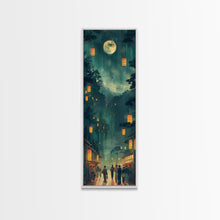 Load image into Gallery viewer, Framed Canvas Print Of A Nighttime Japanese Festival Scene With Lanterns And Pine Trees, Traditional Wall Art Ready To Hang
