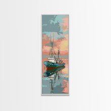 Cargar imagen en el visor de la galería, Fishing Boat, Calm Waters, Japanese Art, Skinny Art, Tall Art, Framed Canvas Print, Ukiyo-e Style
