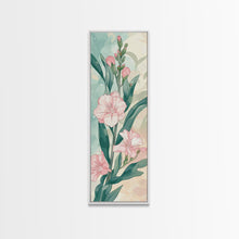 Load image into Gallery viewer, Skinny Art Pink Oleander Flowers In Japanese Style Wood Block Print Elegant Pastel Hues On Framed Canvas Print, Tall Art Ukiyo-e
