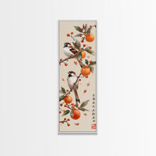 Load image into Gallery viewer, Skinny Art Tall Art Framed Canvas Print Wood Block Print Of Elegant Bird Perched On Branch Amidst Orange Fruits Ukiyo-e Japanese Style Art
