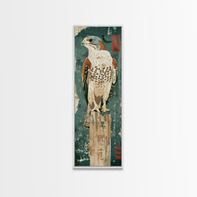 Load image into Gallery viewer, Majestic Hawk Perched On Weathered Stump Textured Background Skinny Art Tall Art Framed Canvas Print Japanese Style Art Ukiyo-e Art Wood Block Print
