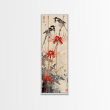 Load image into Gallery viewer, Blossoming Pink Flowers Bold Red Accents Skinny Art Tall Art Framed Canvas Print Japanese Style Art Ukiyo-e Art Wood Block Print Feminine
