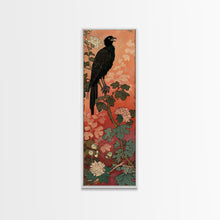 Carregar imagem no visualizador da galeria, Black Bird On Flowering Branch With Orange Background Tall Art Skinny Art Framed Canvas Print Japanese Style Art Ukiyo-e Wood Block Print
