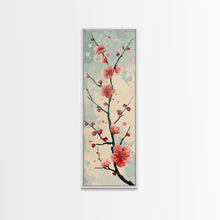 Load image into Gallery viewer, Peach Blossoms On Branch With Soft Pastel Background Tall Art Skinny Art Framed Canvas Print Japanese Style Art Ukiyo-e Wood Block Print
