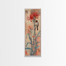 Carregar imagem no visualizador da galeria, Bird Perched On Bright Red Lily Flower Skinny Art Tall Art Framed Canvas Print Japanese Style Art Ukiyo-e Art Wood Block Print Floral Detailed
