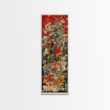Cargar imagen en el visor de la galería, Complex Samurai Battle Scene With Mythical Creatures Framed Canvas Print Ukiyo-e Wall Art Wood Block Print Tall Art Japanese Style Skinny Art
