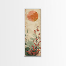 Load image into Gallery viewer, Abstract Sun Over Branch With Red Leaves Framed Canvas Print Ukiyo-e Wall Art Tall Art Wood Block Print Skinny Art Japanese Style
