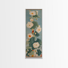Load image into Gallery viewer, Tall White Blooms with Large Leaves on Blue Background, Framed Canvas Print in Japanese Art Style

