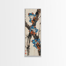 Load image into Gallery viewer, Three Blue Tree Frogs Branches Japanese Tall Wall Art Skinny Framed Canvas Print Ukiyo-e Style
