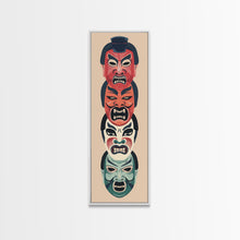 Load image into Gallery viewer, Bold Striking Japanese Kabuki Masks Vibrant Colors Depicted Traditional Style Tall Framed Canvas Print Cultural Home Decor
