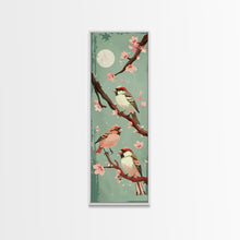 Load image into Gallery viewer, Delicate Sparrows Perched On Cherry Blossoms Under Full Moon Serene Nighttime Setting Captured Tall Framed Canvas Print Nature Scene
