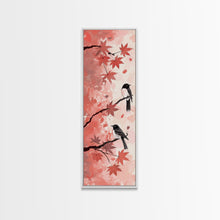 Load image into Gallery viewer, Red and Black Maple Leaves with Birds Perched on Branches Japanese Framed Canvas Print Ukiyo-e Art Skinny Tall Art
