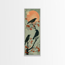 Carregar imagem no visualizador da galeria, Black Crows Japanese Art Skinny Wall Art Framed Canvas Print on Branches with Red Maple Leaves Against Warm Orange Sun
