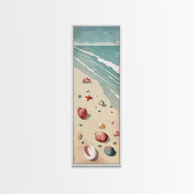 Load image into Gallery viewer, Japanese Style Art Featuring A Serene Beach Scene With Seashells And Gentle Waves, Skinny Art, Tall Art, Ukiyo-e Art, Framed Canvas Print, Wood Block Print
