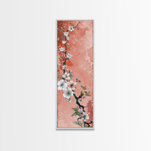 Load image into Gallery viewer, Skinny Art Tall Art Cherry Blossoms Wood Block Print Japanese Style Art With Delicate Branches On Soft Pink Background Framed Canvas Print
