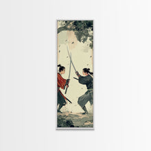 Load image into Gallery viewer, Skinny Art Tall Art Samurai Duel Wood Block Print Japanese Style Art Intense Battle Between Two Warriors Framed Canvas Print
