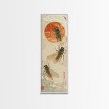 Load image into Gallery viewer, Detailed Depiction Of Cicadas Against Warm Sunset Background Ukiyo-e Skinny Tall Wood Block Framed Canvas Print Japanese Style Art
