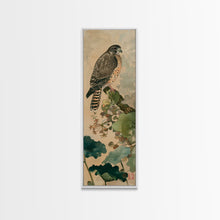 Load image into Gallery viewer, Majestic Hawk Perched Among Verdant Foliage Ukiyo-e Tall Skinny Wood Block Framed Canvas Print Japanese Style Art
