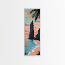 Load image into Gallery viewer, Towering Coastal Rock Formation During Sunset With Palm Trees For Serene Beach Wall Art Japanese Style Framed Canvas Print
