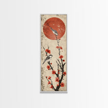 Load image into Gallery viewer, Delicate Birds Perched On Blooming Branch With Red Sun For Traditional Japanese Wall Art Decor Ukiyo-e Style Framed Canvas Print
