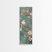 Load image into Gallery viewer, White Bird Perched On A Branch With Blossoms – Framed Canvas Print Combining Skinny Art And Tall Art Inspired By Ukiyo-E Art And Japanese Style Art
