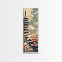 Load image into Gallery viewer, Japanese Pagoda With Mt Fuji And Cherry Blossoms – Framed Canvas Print Featuring Skinny Art Tall Art, Highlighting Ukiyo-E Art And Japanese Style Art
