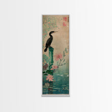 Load image into Gallery viewer, Tall Skinny Art Japanese Style Wood Block Print Bird Perched On Bamboo By A Pond With Flowers In Ukiyo-e Style For Framed Canvas Print
