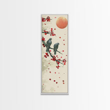 Load image into Gallery viewer, Two Pigeons On Branch With Red Leaves Skinny Art Wood Block Print Japanese Style Art Framed Canvas Print Tall Art Ukiyo-e Art

