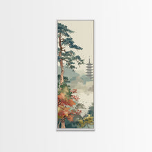 Load image into Gallery viewer, Pagoda And Pine Tree In Misty Landscape Skinny Art Wood Block Print Japanese Style Art Framed Canvas Print Tall Art Ukiyo-e Art

