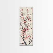 Load image into Gallery viewer, Delicate Plum Blossoms Skinny Art Tall Art Japanese Ukiyo-e Inspired Botanical Framed Canvas Print for Sophisticated Interiors
