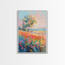 Load image into Gallery viewer, Blossoming Meadow with Trees - Framed Canvas Print, Peaceful Living Room Art, Serene Bedroom Decor, Vibrant Flower Art, Wall Art
