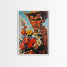 Load image into Gallery viewer, Cowboy with Bouquet of Flowers - Framed Canvas Print, Western Living Room Art, Rustic Bedroom Decor, Americana Art, Wall Art
