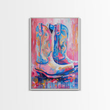 Load image into Gallery viewer, Blue and Pink Cowboy Boots with Floral Background - Framed Canvas Print, Rustic Western Wall Art, Vibrant Boot Art for Home Decor
