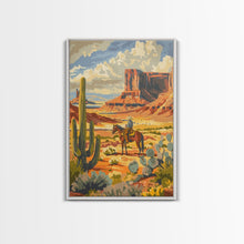 Load image into Gallery viewer, Desert Cowboy Riding Through Cactus - Framed Canvas Print, Western Landscape Art, Southwestern Wall Art for Home Decoration
