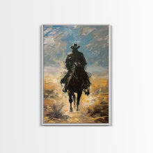 Load image into Gallery viewer, Lone Cowboy Riding into Sunset - Framed Canvas Print, Western Art, Living Room Decor, Cowboy Art for Bedroom, Rustic Wall Art
