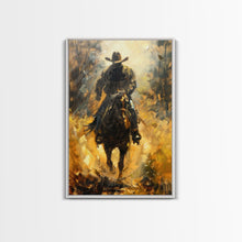 Load image into Gallery viewer, Cowboy Riding Horse into the Distance - Framed Canvas Print, Western Art, Rustic Decor, Living Room Wall Art, Cowboy Themed Art
