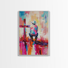 Carregar imagem no visualizador da galeria, Abstract Cowboy with Cross in Bold Hues - Framed Canvas Print, Modern Western Decor, Vibrant Cowboy Wall Art for Living Room or Bedroom
