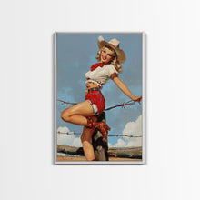 Load image into Gallery viewer, Vintage Cowgirl Pin-Up Art Print, Retro Western Framed Canvas, Classic Pin-Up Girl in Cowboy Hat and Boots, Unique Wall Decor
