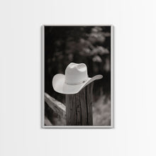 Load image into Gallery viewer, Cowboy Hat on a Wooden Fence Post in Rustic Black and White Photography for Western Home Decor, Canvas Prints, Wall Art for Living Room
