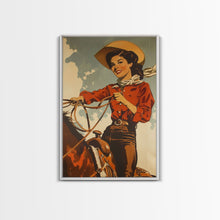 Cargar imagen en el visor de la galería, Classic Cowgirl with Red Outfit on Horse | Framed Canvas Print | Western Wall Art | Living Room Decor | Rustic Home Decor
