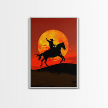 Load image into Gallery viewer, Cowboy Silhouette on Horseback at Sunset | Framed Canvas Print | Western Landscape Art | Rustic Cowboy Wall Art for Living Room
