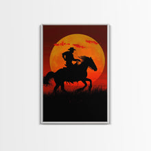 Carregar imagem no visualizador da galeria, Action Cowboy Silhouette on Horse at Sunset | Framed Canvas Print | Western Wall Art | Dramatic Cowboy Wall Art for Home Decor
