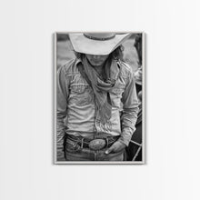 Load image into Gallery viewer, Cowboy with Hat and Scarf Looking Down in Black and White for Western Wall Art, Canvas Prints, Home Decor, Living Room Art, Bedroom Art
