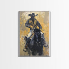 Load image into Gallery viewer, Cowboy in Full Gear Riding Horse - Framed Canvas Print, Western Wall Art, Rustic Decor, Living Room and Bedroom Art Print
