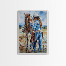 Load image into Gallery viewer, Cowboy on Rearing Horse Silhouette - Framed Canvas Print, Western Wall Art, Rustic Decor, Living Room and Bedroom Art Print
